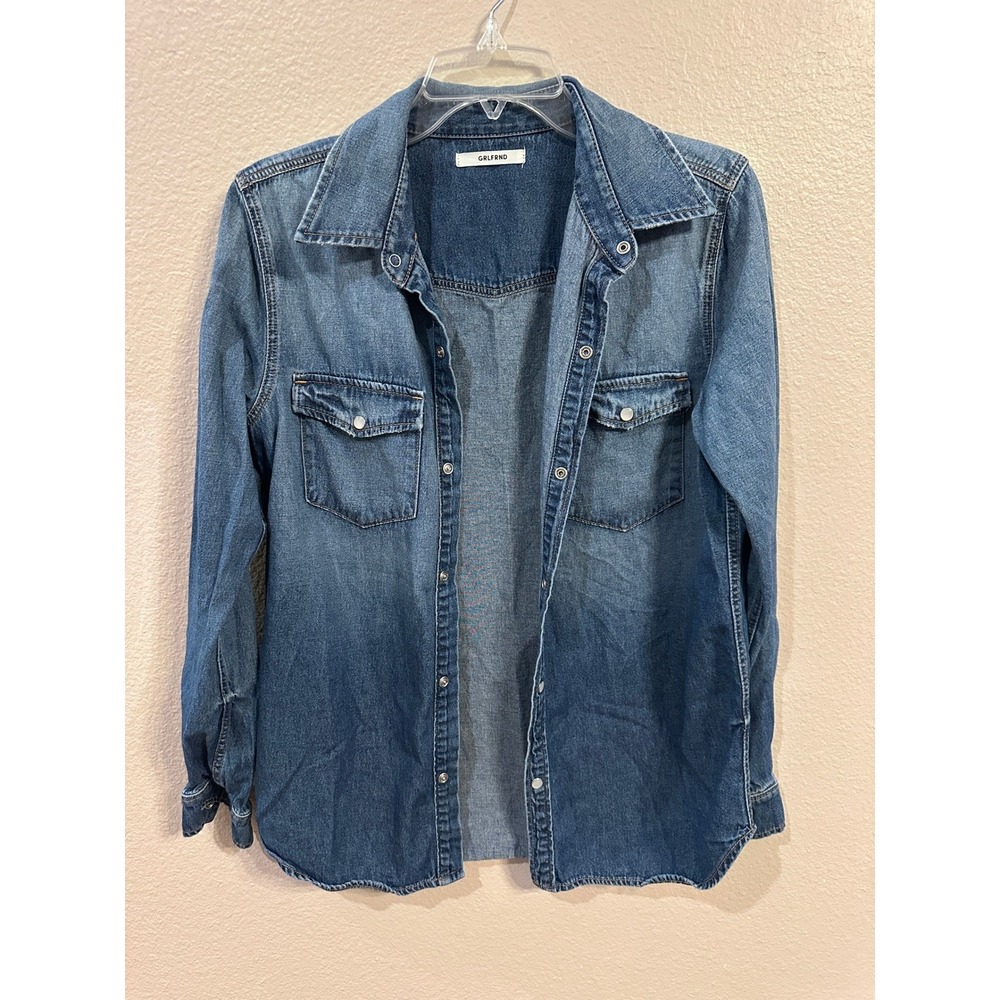 GRLFRND Denim Shirt Button Down Long Sleeve Western Pockets Blue